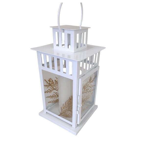 White Metal & Glass Lantern with Automated Candle Home Decor Holiday Lighting - Picture 2 of 6